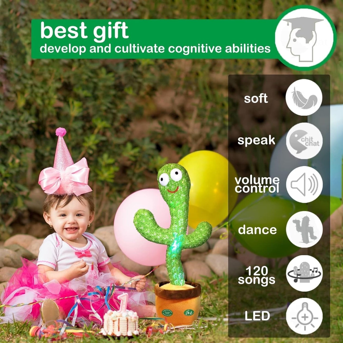 Dancing Talking Cactus Mimicking Toy,Talking Repeat Singing Sunny Cactus Toy 120 Pcs Songs for Baby 15S Record Your Sound Sing+Dancing+Recording+Led