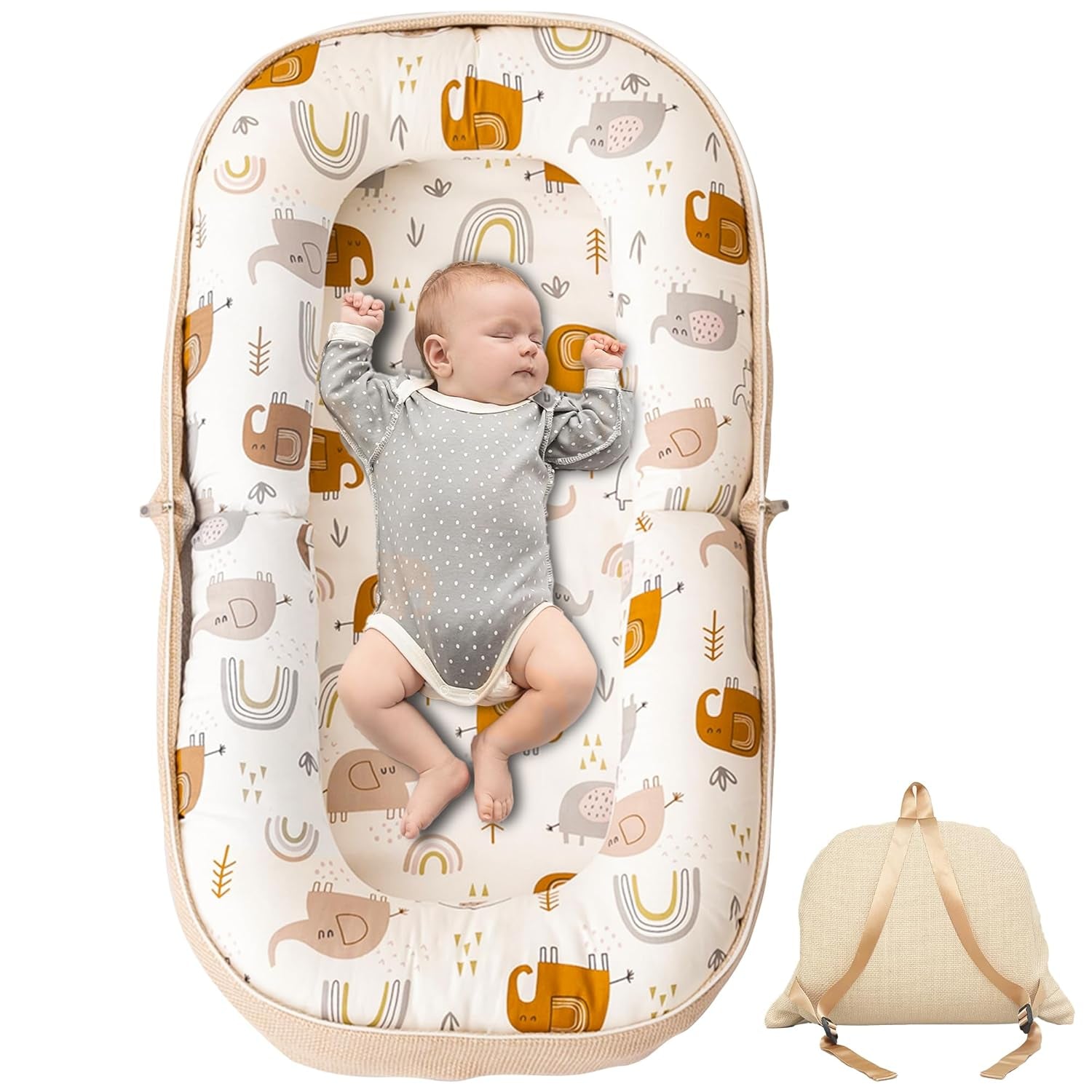 Baby Lounger, Foldable Infant Nest Pillow with Soft Memory Foam Mat, Cover with Adorable Pattern, Converts to Backpack for Easy Travel, 0-12 Months, White