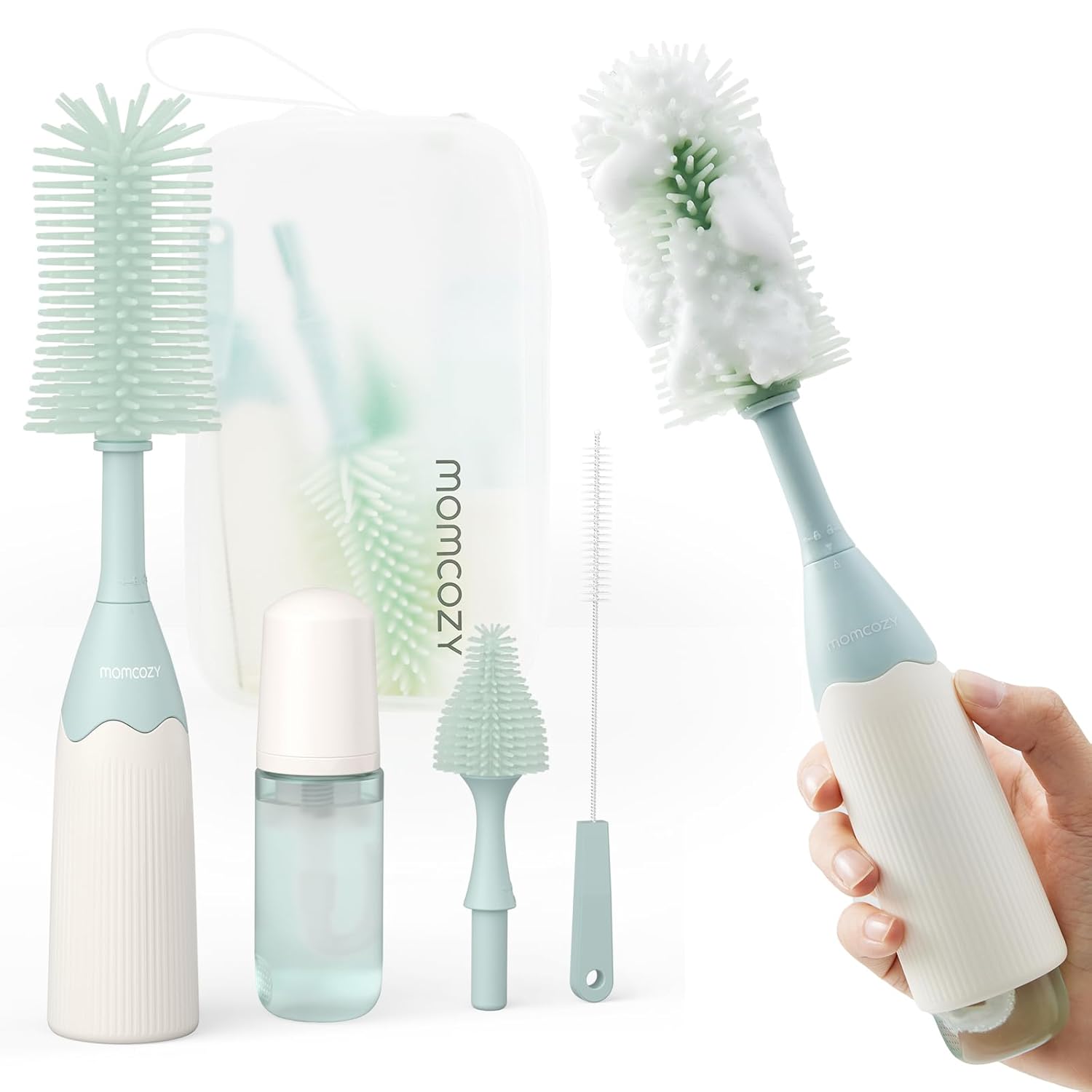 Bottle Brush Kit, Innovative Push-Press Design for Better Cleaning - Baby Bottle Cleaner Brush for Baby Bottle, Breast Pumps, Nipples, and More - Can Generate Foam for Better Cleaning, Green