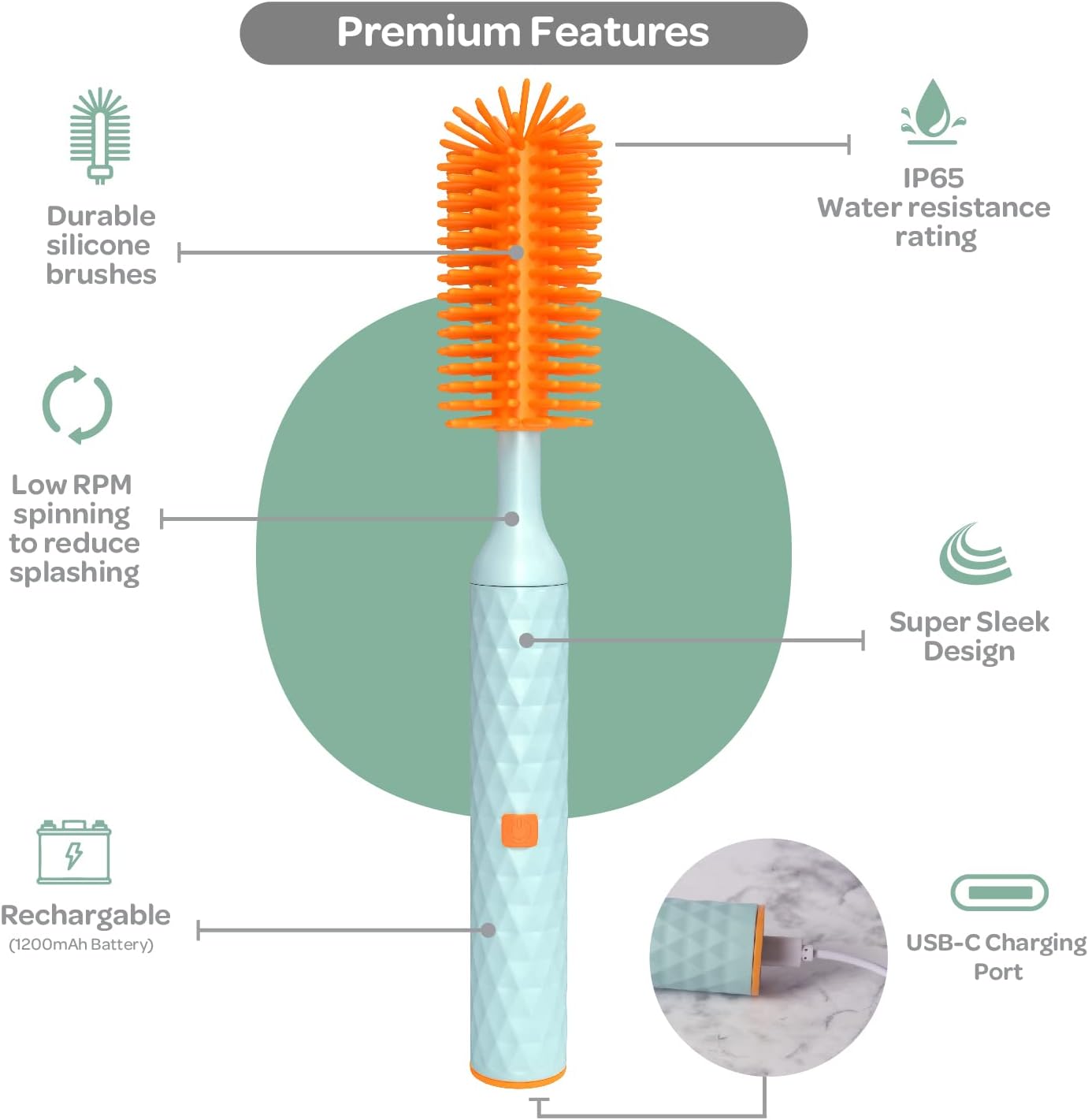 Büki Electric Baby Bottle Cleaning Brush Set - Rechargeable Electric Bottle Brush with Straw Cleaner - Water Bottle Cleaning Kit, Nipple Brush, 1200Mah Brush Cleaner (By )