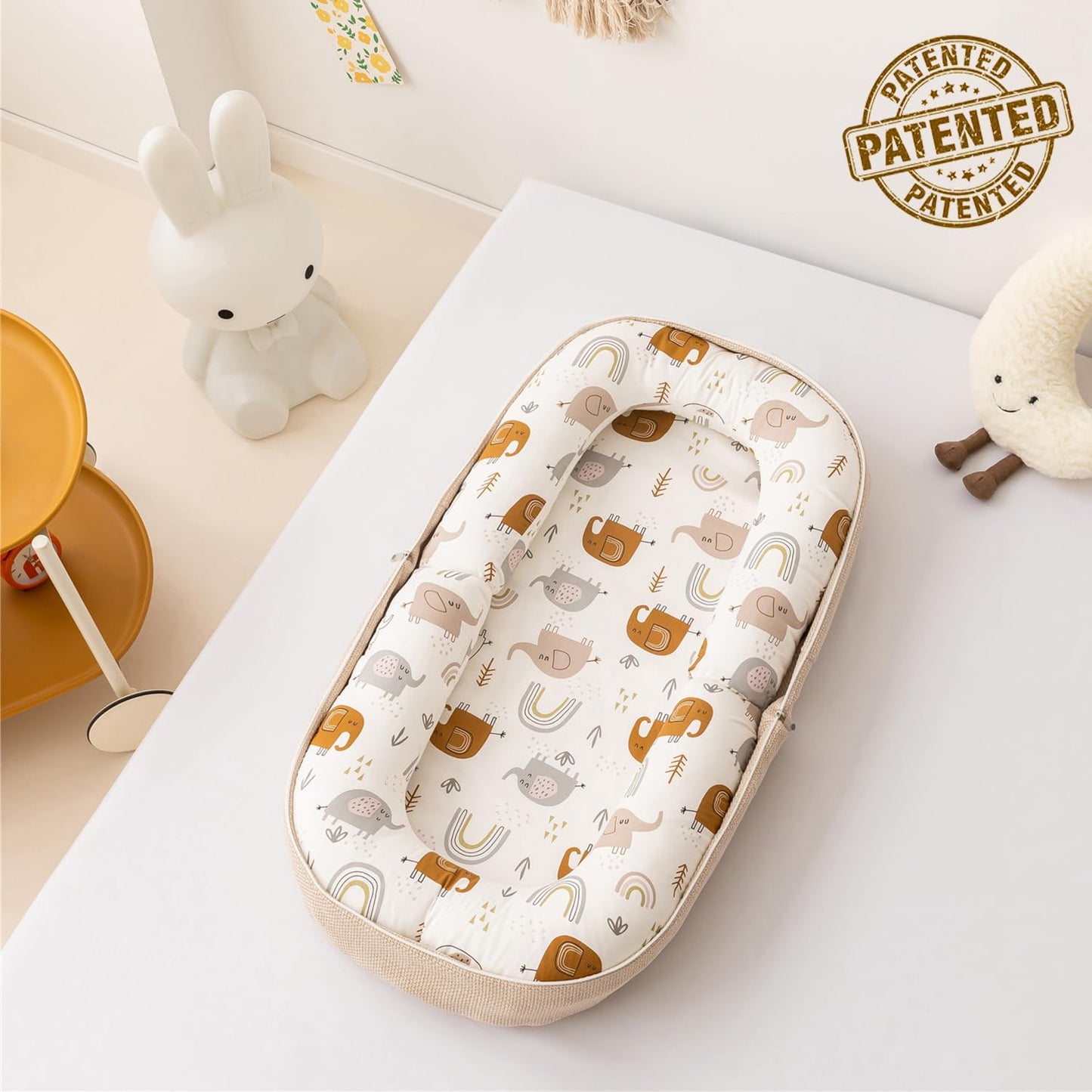 Baby Lounger, Foldable Infant Nest Pillow with Soft Memory Foam Mat, Cover with Adorable Pattern, Converts to Backpack for Easy Travel, 0-12 Months, White