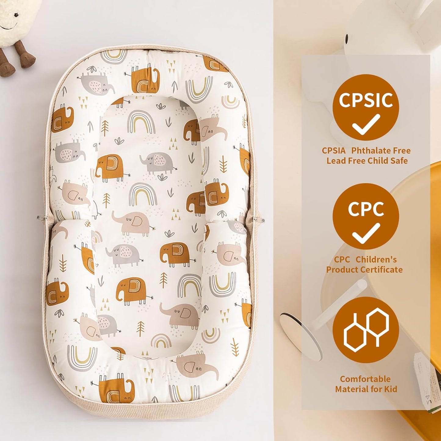 Baby Lounger, Foldable Infant Nest Pillow with Soft Memory Foam Mat, Cover with Adorable Pattern, Converts to Backpack for Easy Travel, 0-12 Months, White