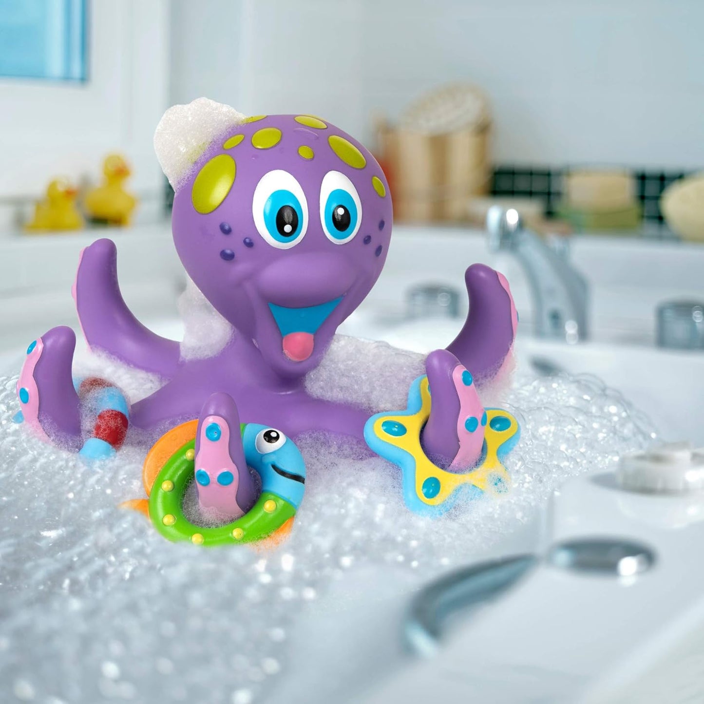 Floating Octopus Toy with 3 Hoopla Rings - Baby Bath Toy for Boys and Girls - 18+ Months - Purple (Pack of 1)