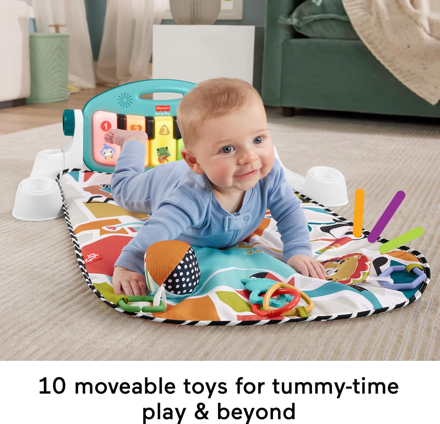 Baby Playmat Glow and Grow Kick & Play Piano Gym, Blue Musical Learning Toy with Developmental Activities for Newborns 0+ Months