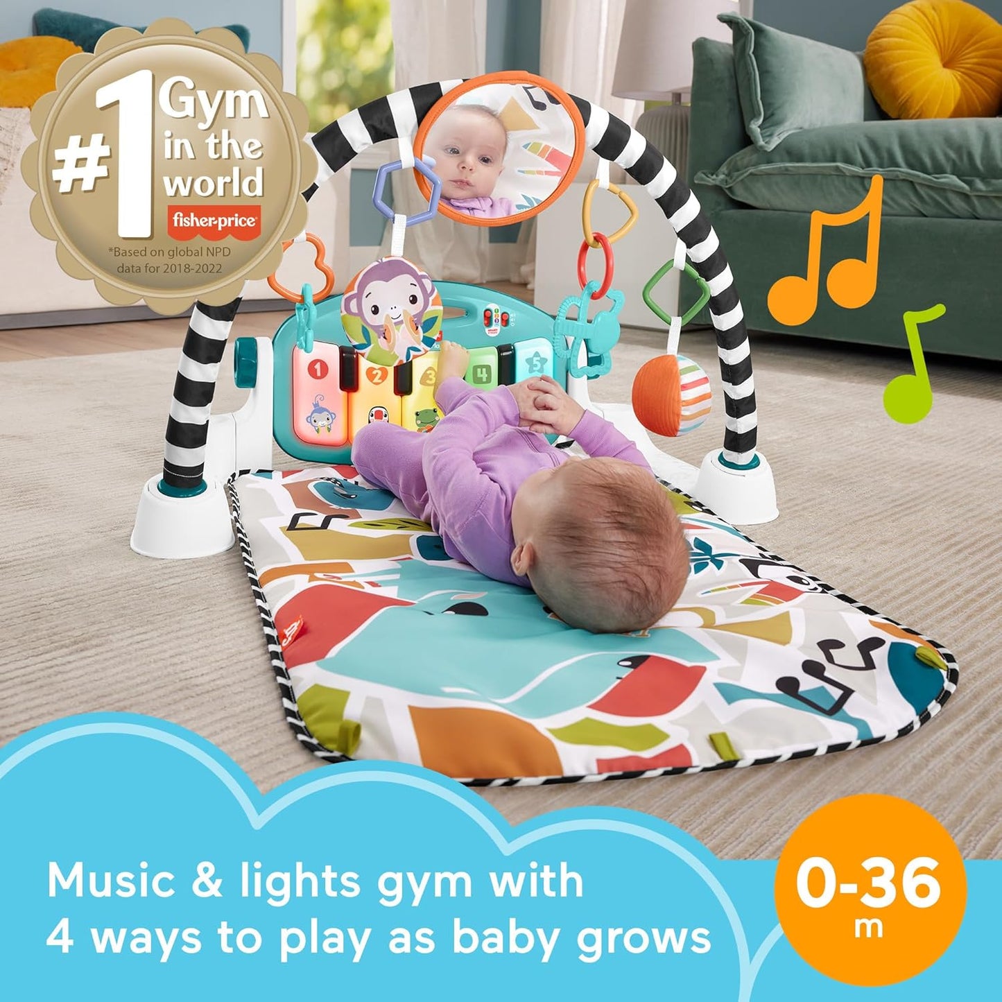 Baby Playmat Glow and Grow Kick & Play Piano Gym, Blue Musical Learning Toy with Developmental Activities for Newborns 0+ Months